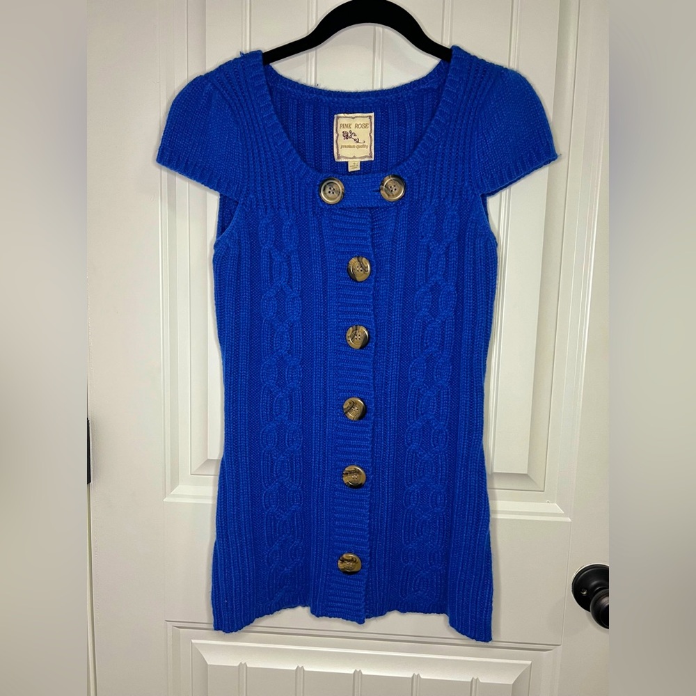 Pink Rose Button up Sweater with short cap sleeves - Royal Blue